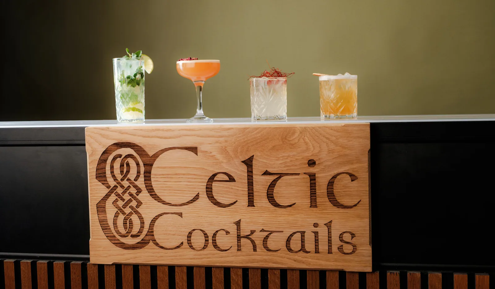 The Celtic Cocktails bar, four cocktails along the top